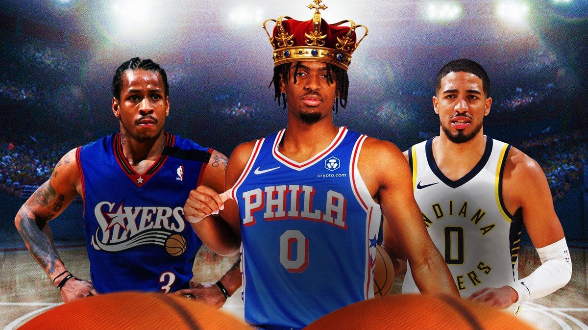 Sixers' young Allen Iverson, Joel Embiid co star Tyrese Maxey with a crown, sad Pacers Tyrese Halliburton
