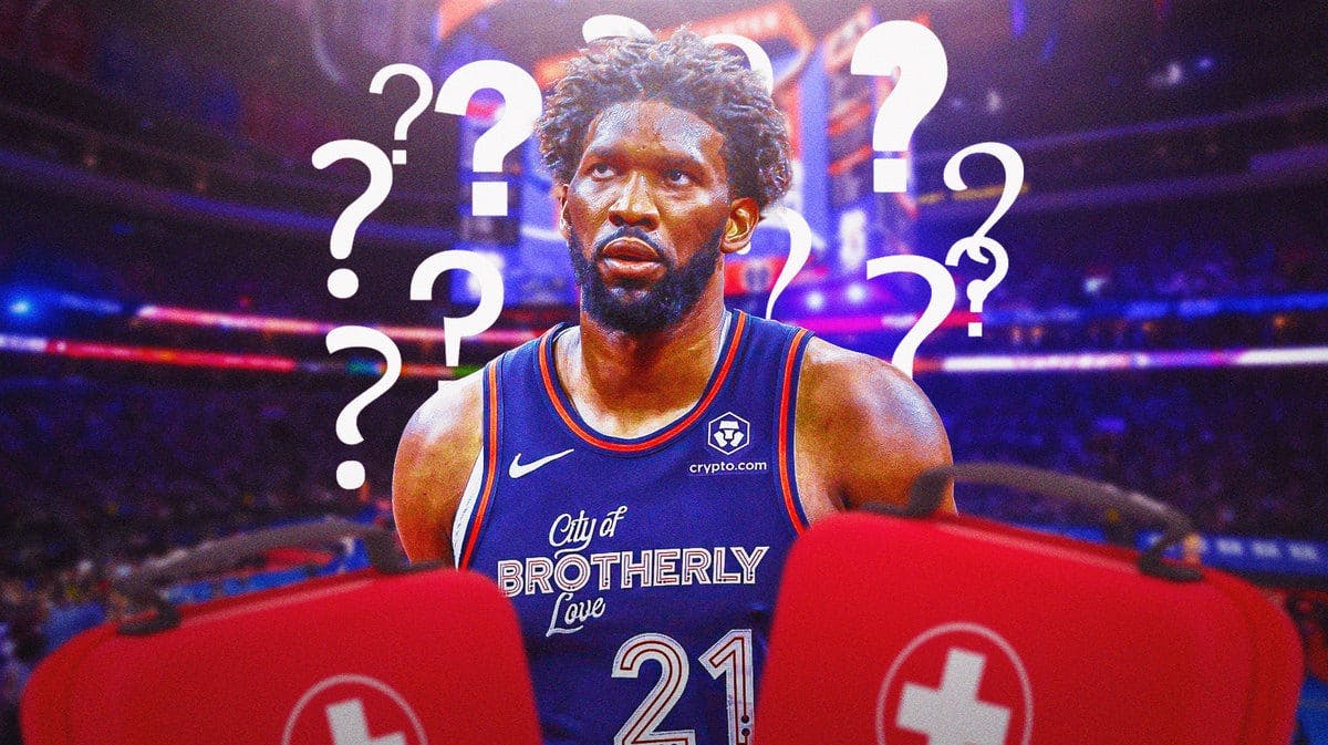 Sixers' Joel Embiid with question marks and red medical bag