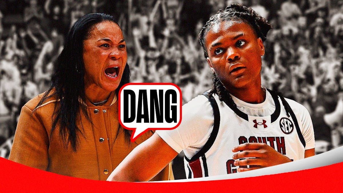 University of South Carolina women’s basketball coach Dawn Staley on one side with a text bubble saying “Dang” On the other side of the image is University of South Carolina women’s basketball player MiLaysia Fulwiley