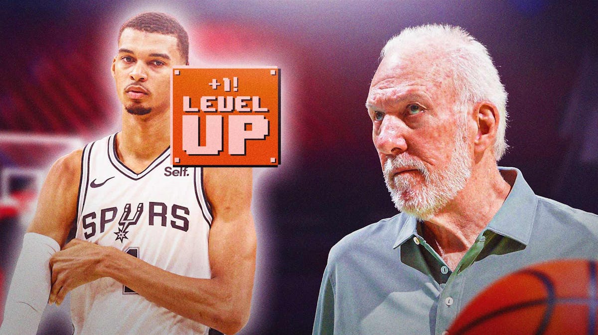 Gregg Popovich looking at Spurs' Victor Wembanyama as Mario (super mario bros.) levelling up