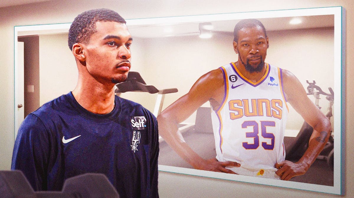 Spurs' Victor Wembanyama staring at a mirror in a gym, with Suns' Kevin Durant as his reflection