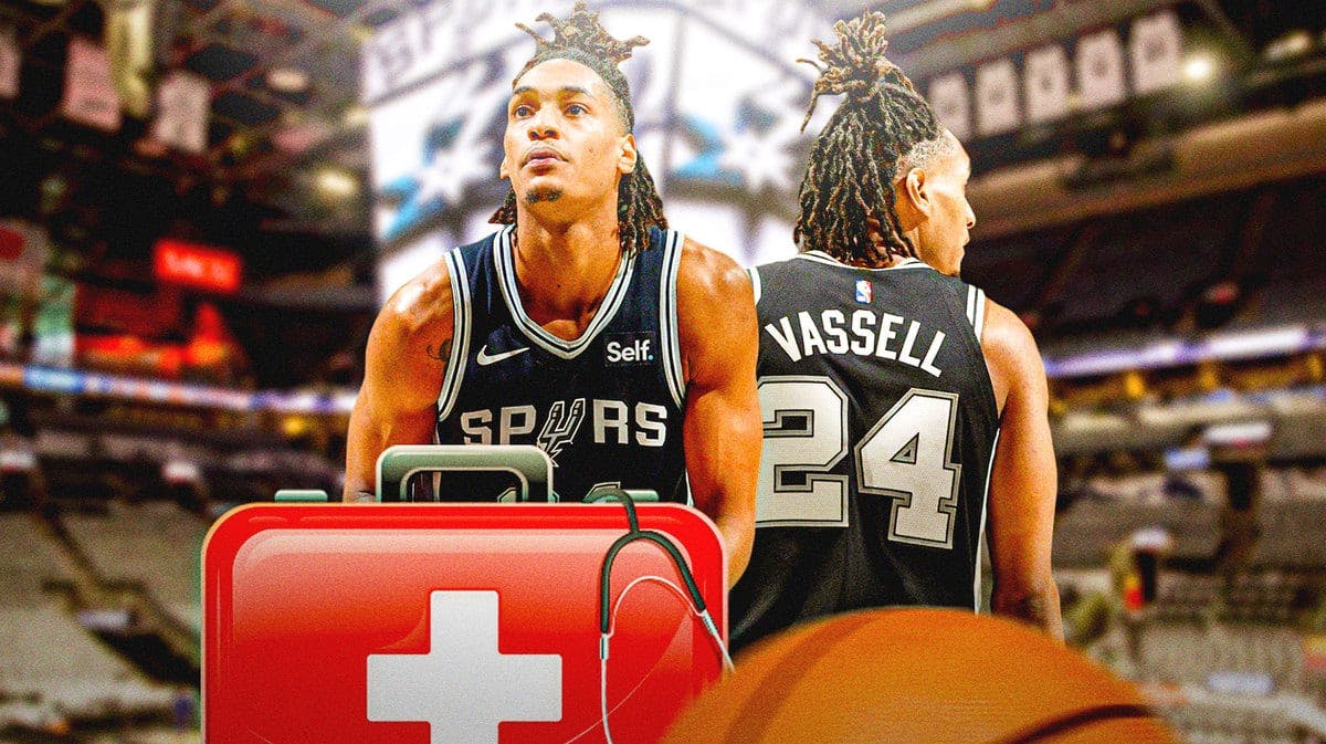 Spurs' Devin Vassell with first aid kits after groin injury