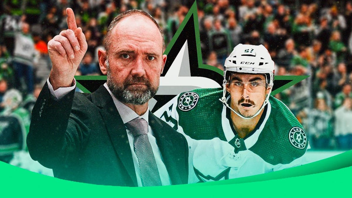 Dallas Stars head coach Pete DeBoer with forward Mason Marchment after a bad penalty against the Boston Bruins