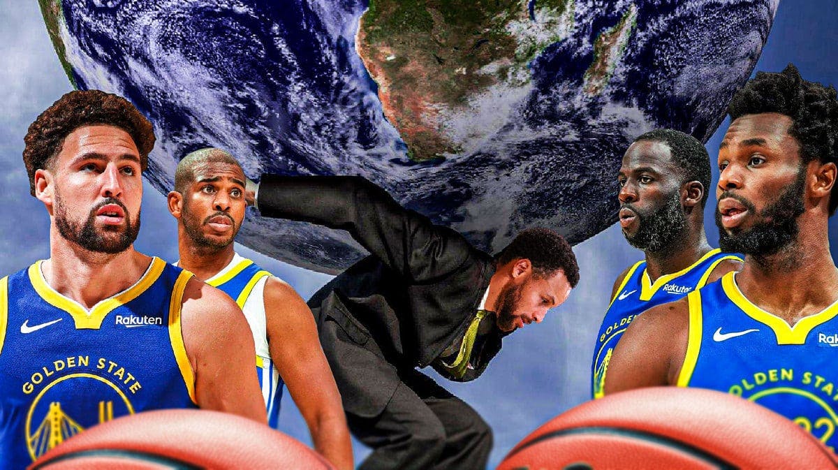 Warriors' Stephen Curry looking tired in the middle while carrying the earth on his back, with Klay Thompson, Andrew Wiggins, Chris Paul, and Draymond Green looking