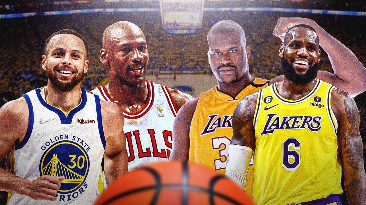 Warriors' Stephen Curry next to Michael Jordan, LeBron James and Shaquille O'Neal