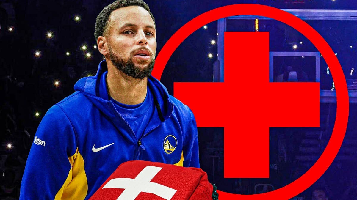 Warriors' Stephen Curry with red medical symbol next to him