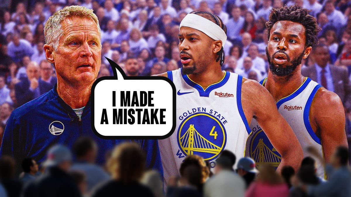 Warriors' Steve Kerr saying "I made a mistake" next to Moses Moody and Andrew Wiggins