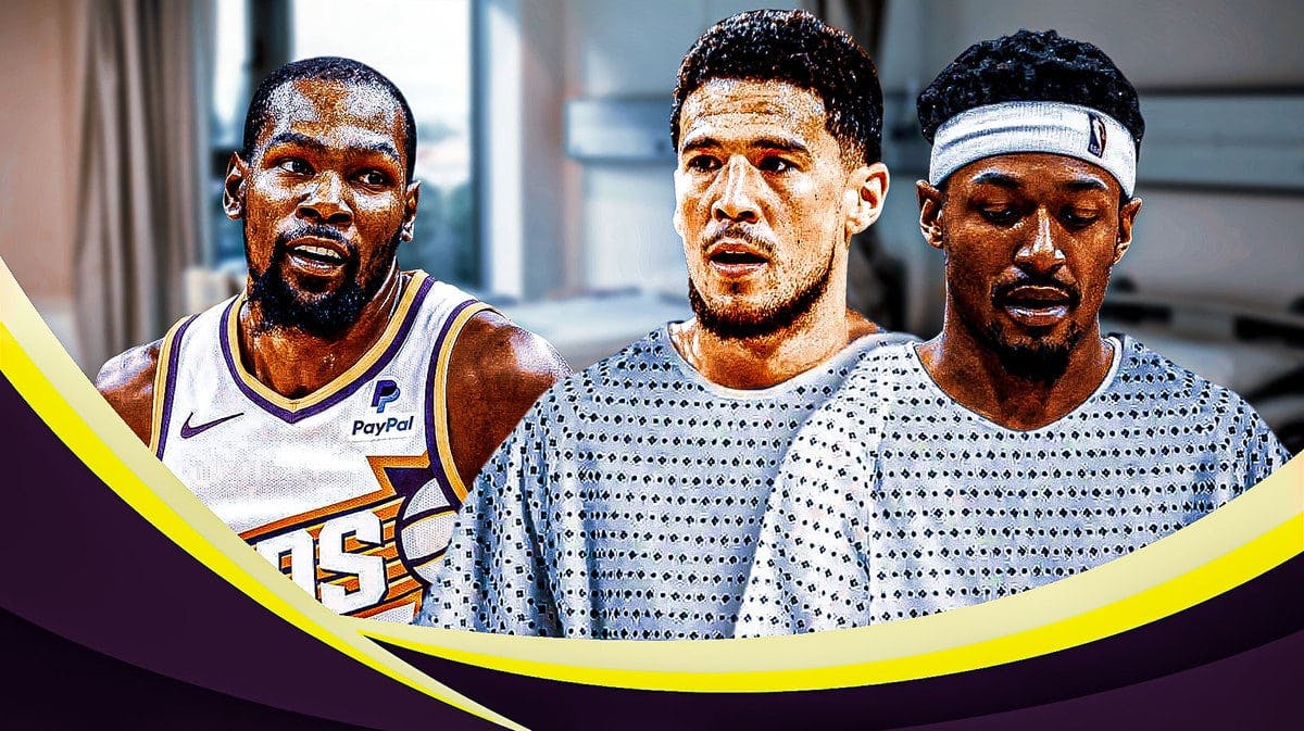 Kevin Durant of the Suns with Devin Booker and Bradley Beal who are both in hospital gowns.