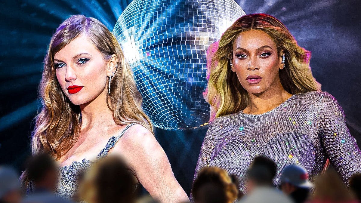 Taylor Swift and Beyoncé with a disco ball behind them