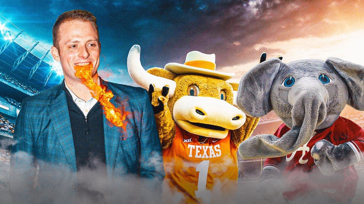 Greg McElroy with fire coming out his mouth, Texas football mascot, Alabama football mascot