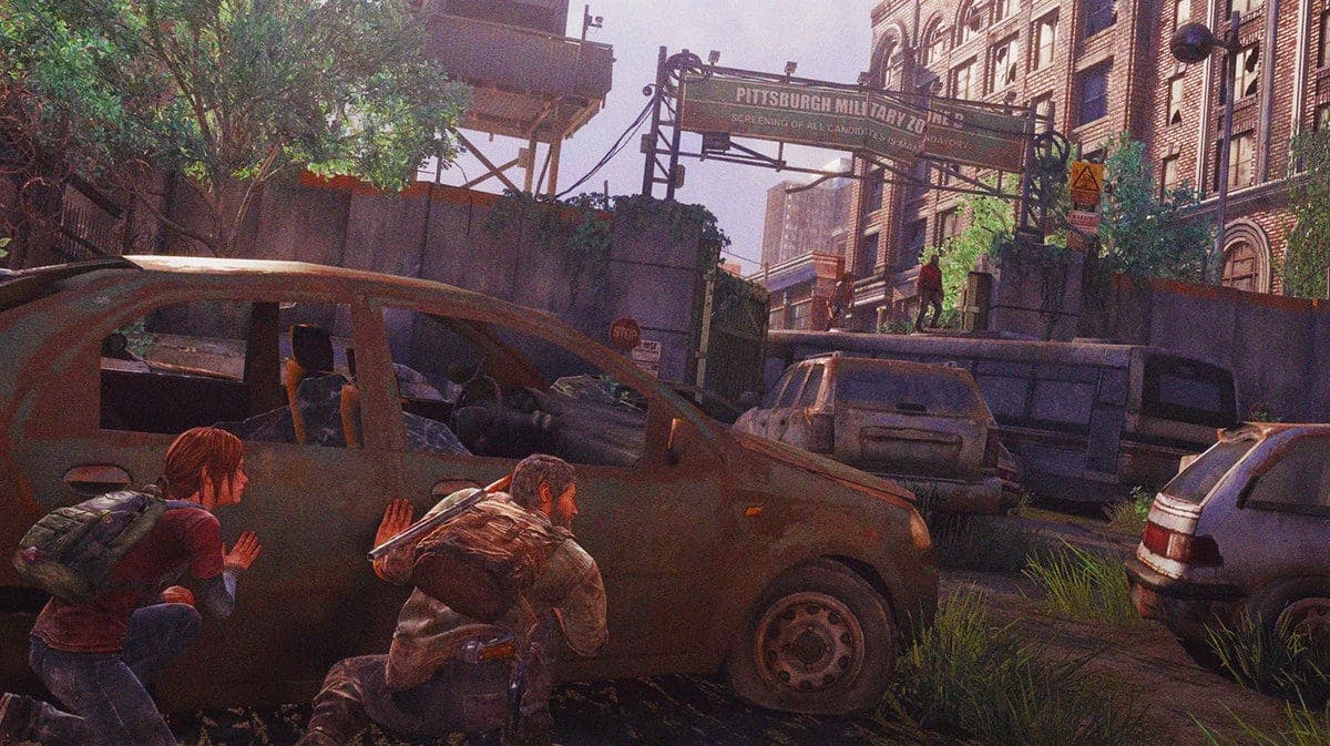 Scene from HBO's The Last of Us in a downtown area.