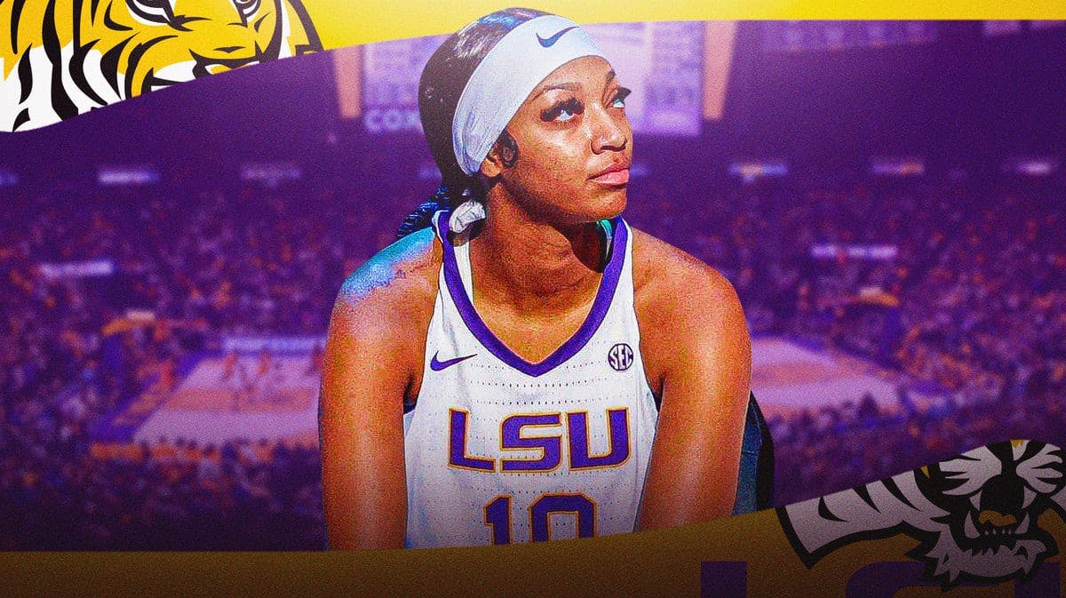 Angel Reese sitting on a bench in LSU women’s basketball jersey looking serious