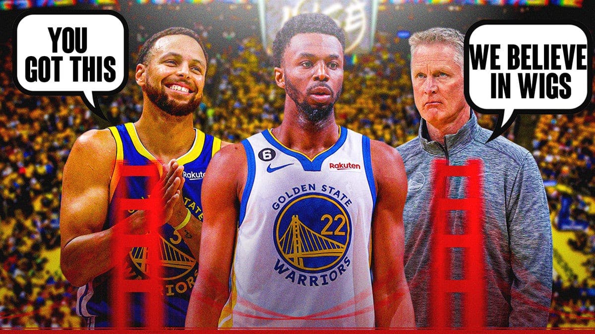 Warriors' Andrew Wiggins with Stephen Curry and Steve Kerr offering him encouragement.