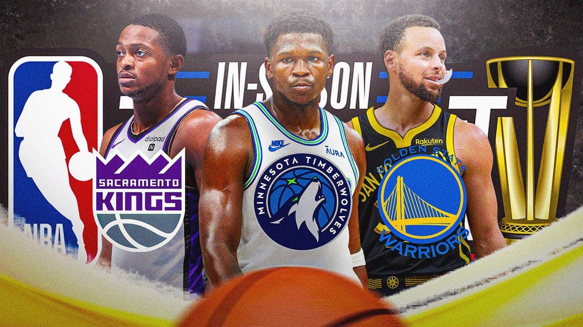 Anthony Edwards of the Timberwolves in the center, the Kings De’Aaron Fox on left and Warriors Stephen Curry on left, who are all in the In-Season Tournament