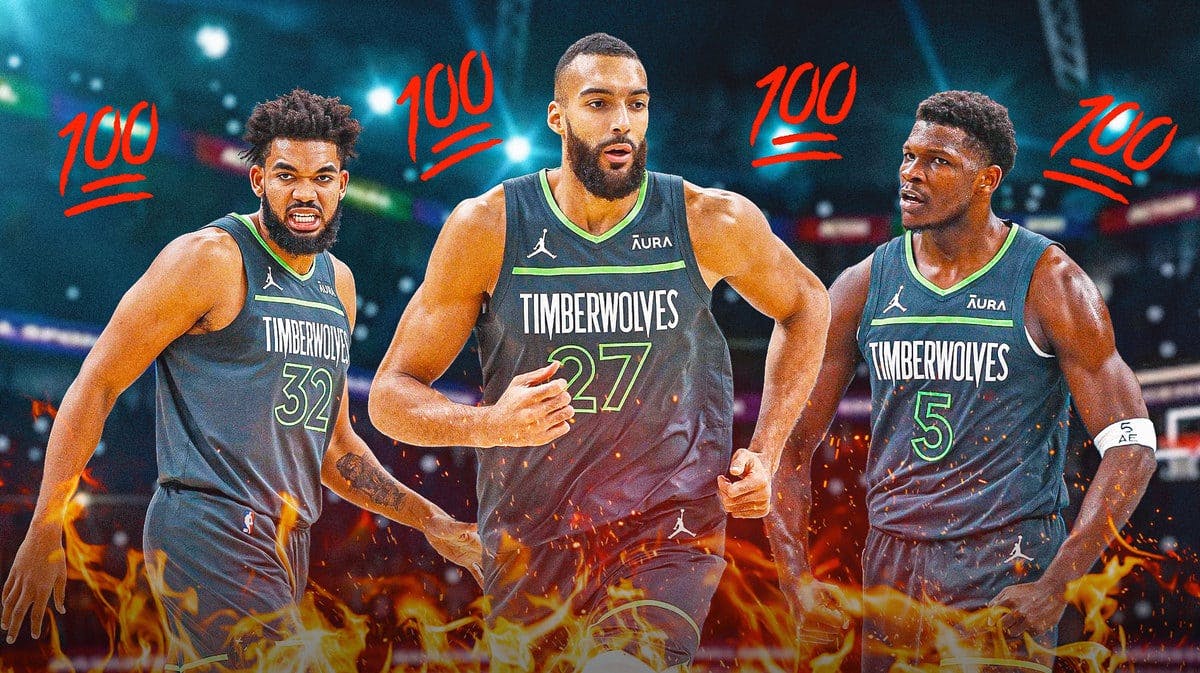 Timberwolves' Karl-Anthony Towns, Anthony Edwards, and Rudy Gobert all hyped up, with the 100 emoji all over them