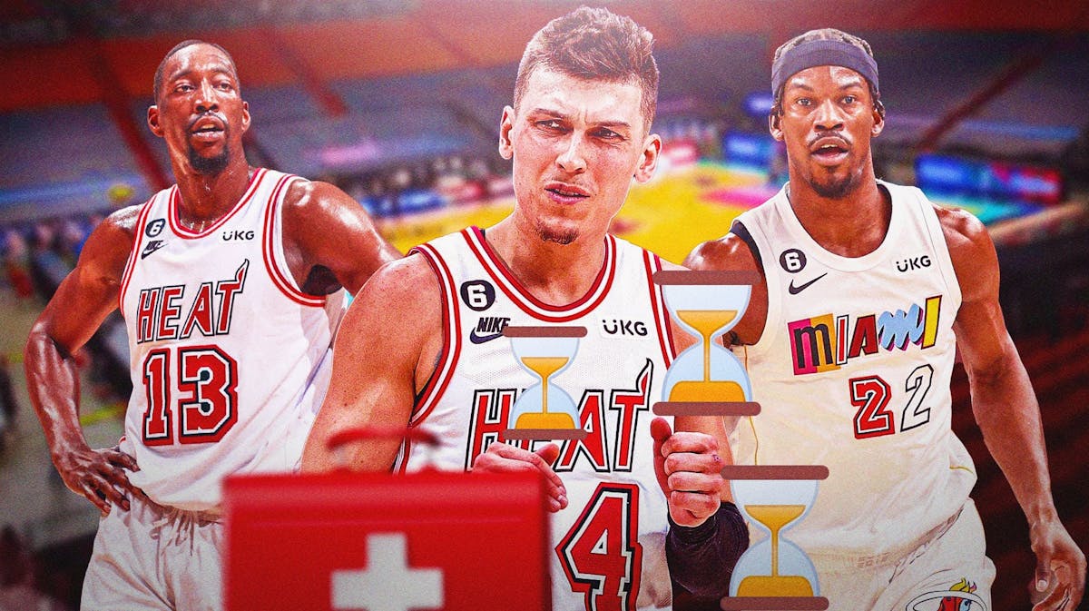 Heat G Tyler Herro looking angry, with medical red crosses and an hourglass all over him, with Jimmy Butler and Bam Adebayo looking concerned