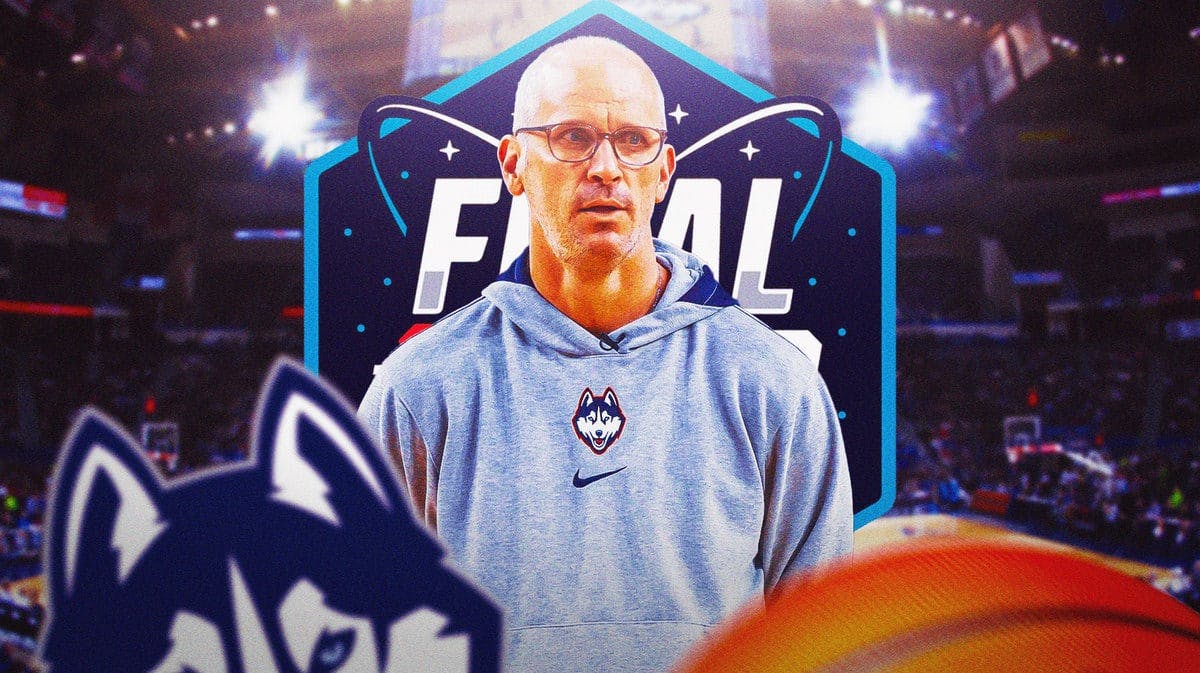 Dan Hurley looking serious, 2023 Final Four logo in background