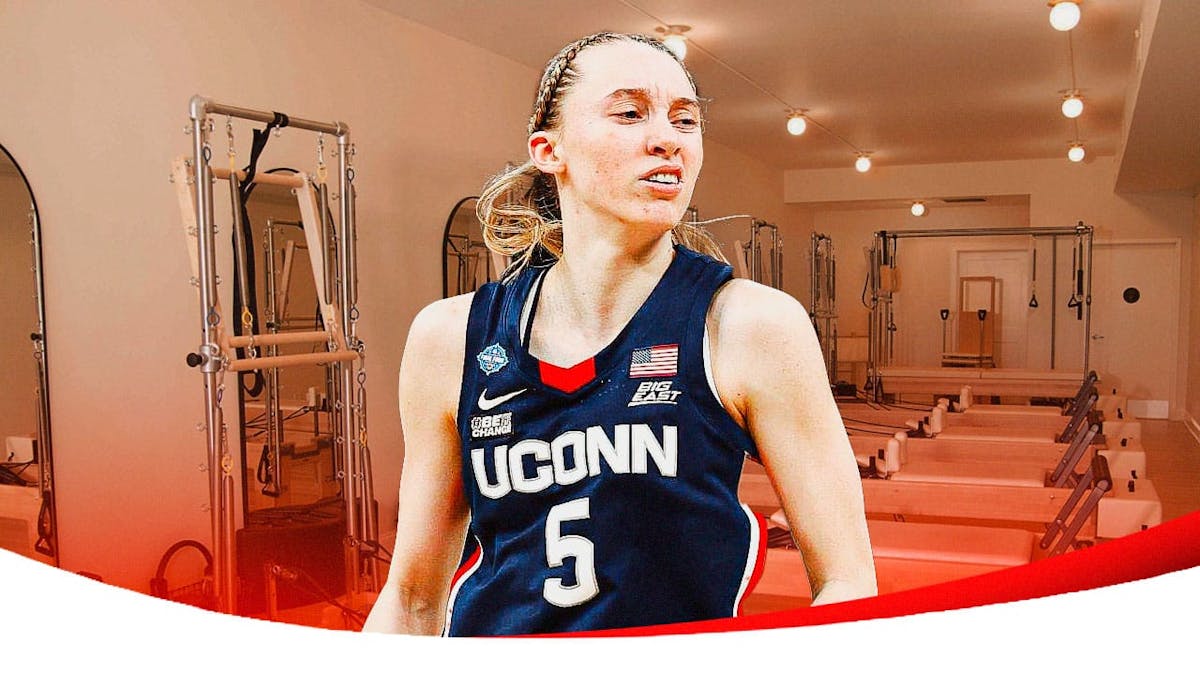 UConn women’s basketball player Paige Bueckers in her uniform, except cut out so it looks like she’s in a pilates studio