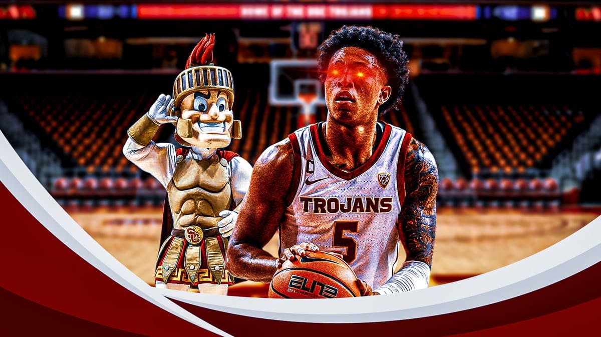 Boogie Ellis of USC basketball with woke eyes, USC trojans mascot in the background