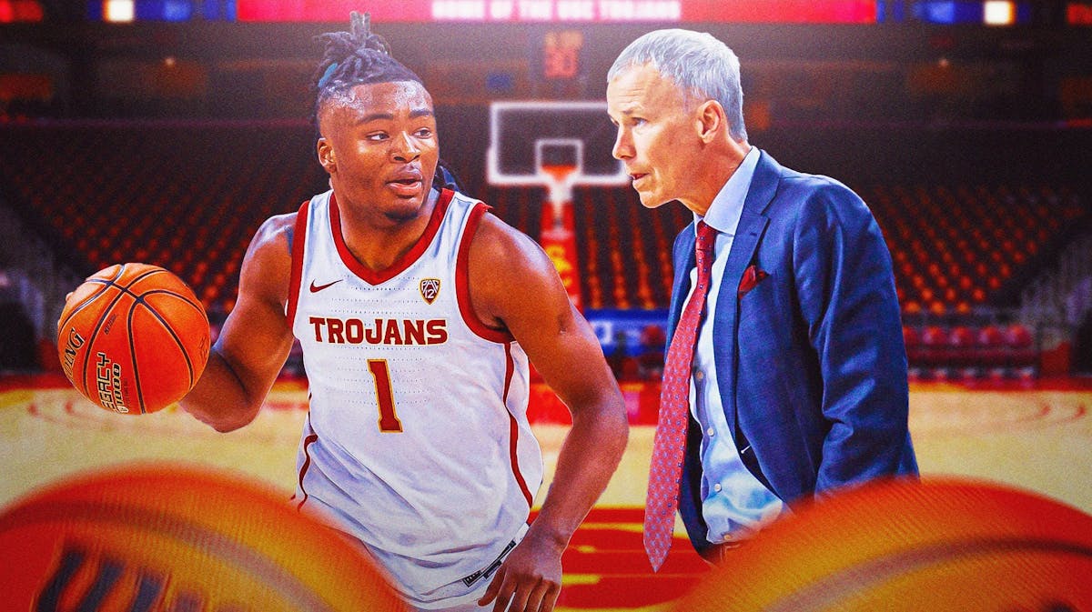 USC basketball, Trojans, UC Irvine basketball, Andy Enfield, Isaiah Collier, Isaiah Collier (in USC uni) and Andy Enfield with USC basketball arena in the background