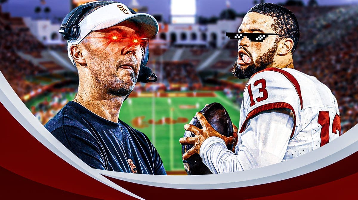 USC football head coach Lincoln Riley with woke eyes, Caleb Williams of USC with deal with it shades