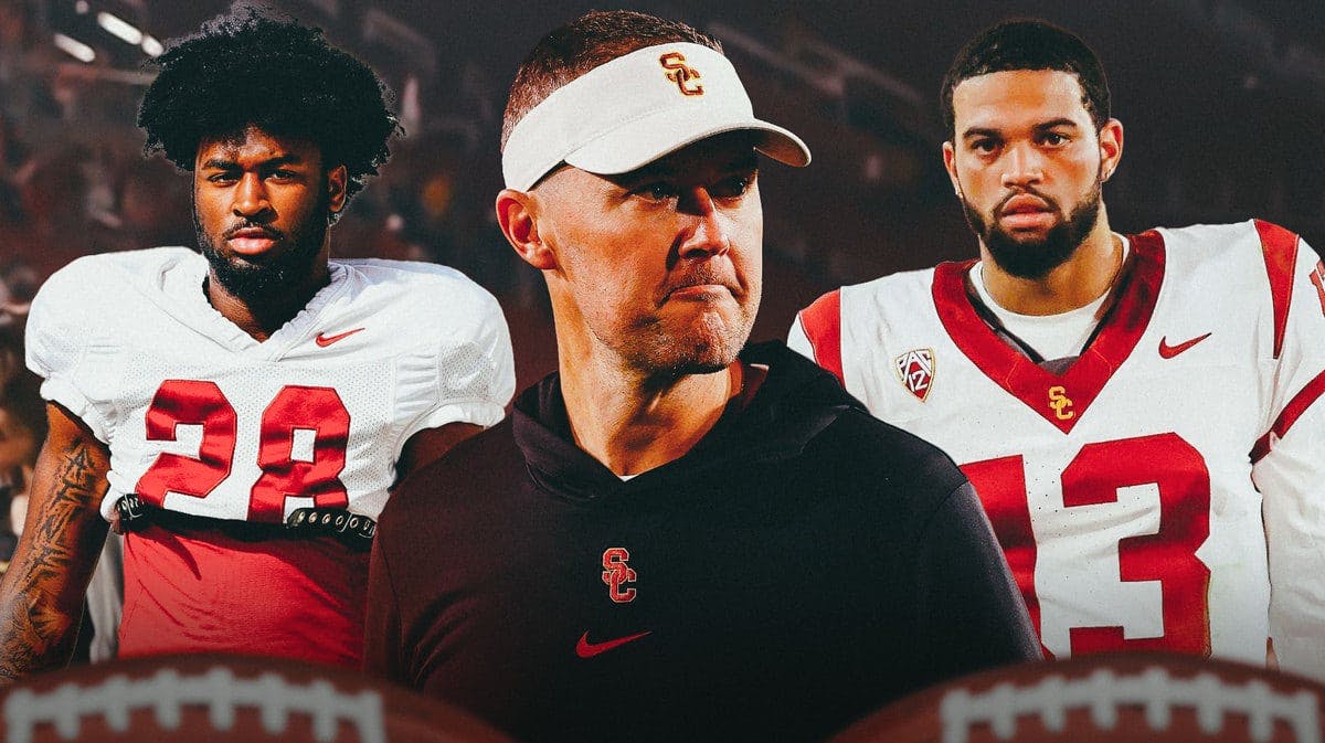 USC football Lincoln Riley with Caleb Williams and Xamarion Gordon who will join Raleek Brown in the NCAA Transfer Portal