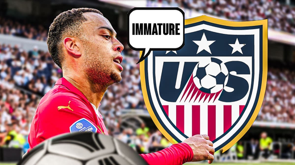 Sergino Dest saying: ‘immature’ in front of the USMNT logo