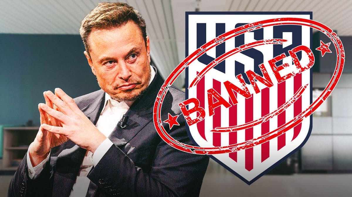 Elon Musk looking at the USMNT logo, a ‘Banned’ stamp in front of it