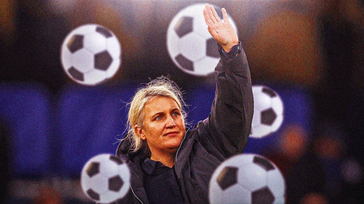 New USWNT manager Emma Hayes, surrounded by soccer balls