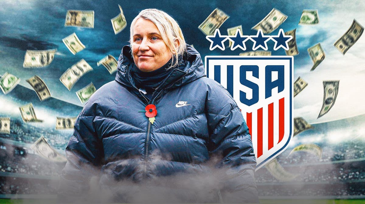Emma Hayes in front of the USWNT logo with dollars falling from the air around her