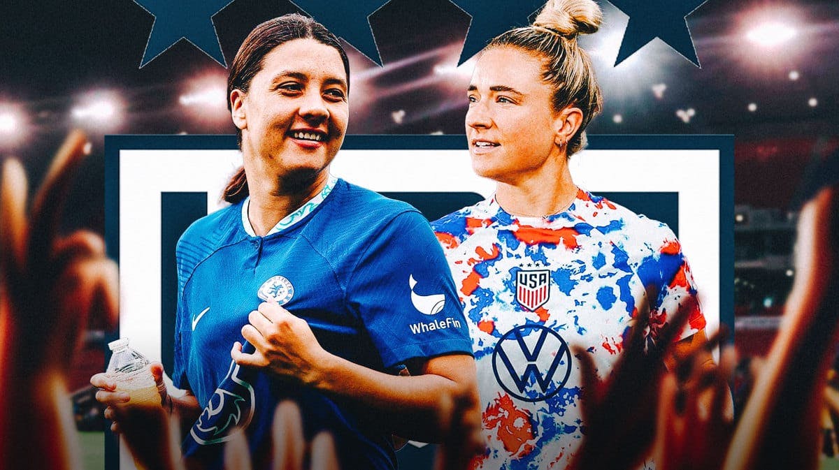 Kristie Mewis and Sam Kerr together in front of the USWNT logo