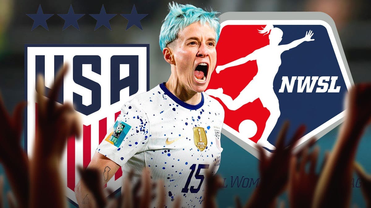 Megan Rapinoe celebrating in front of the USWNT and NWSL logos