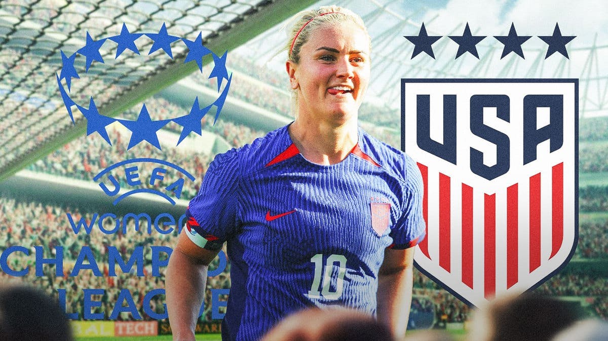Lindsey Horan in front of the USWNT and UWCL logos