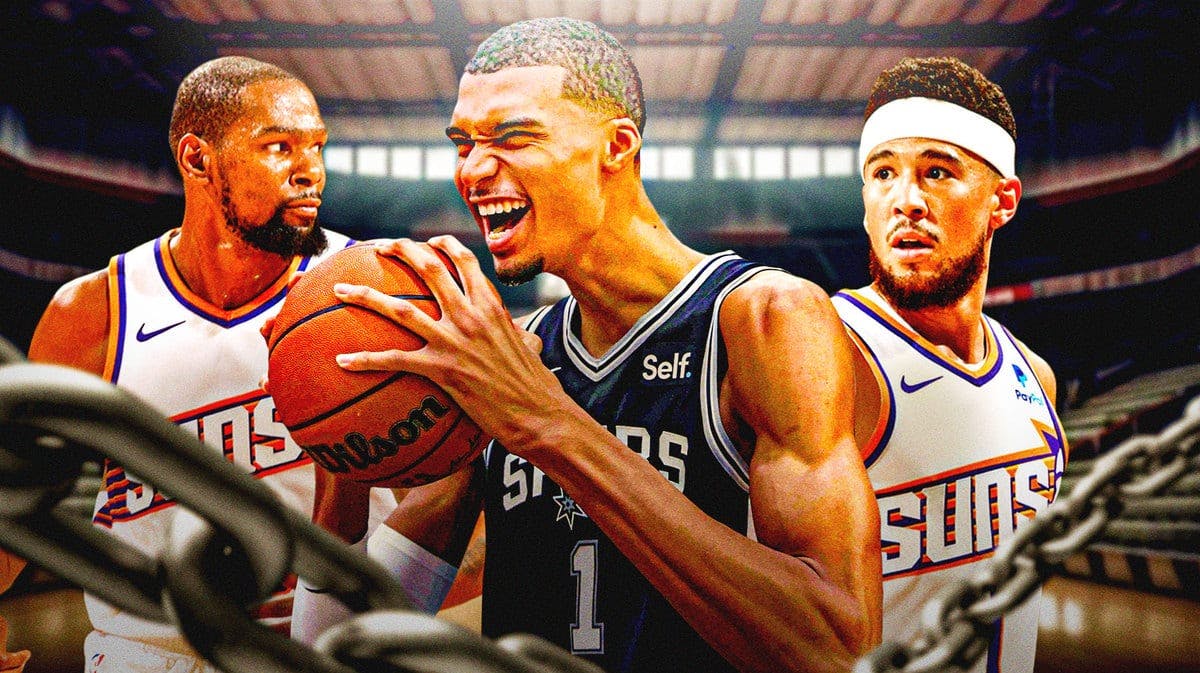 Victor Wembanyama in middle looking happy, Kevin Durant and Devin Booker on either side looking stern, Spurs and Suns logos, basketball court in background