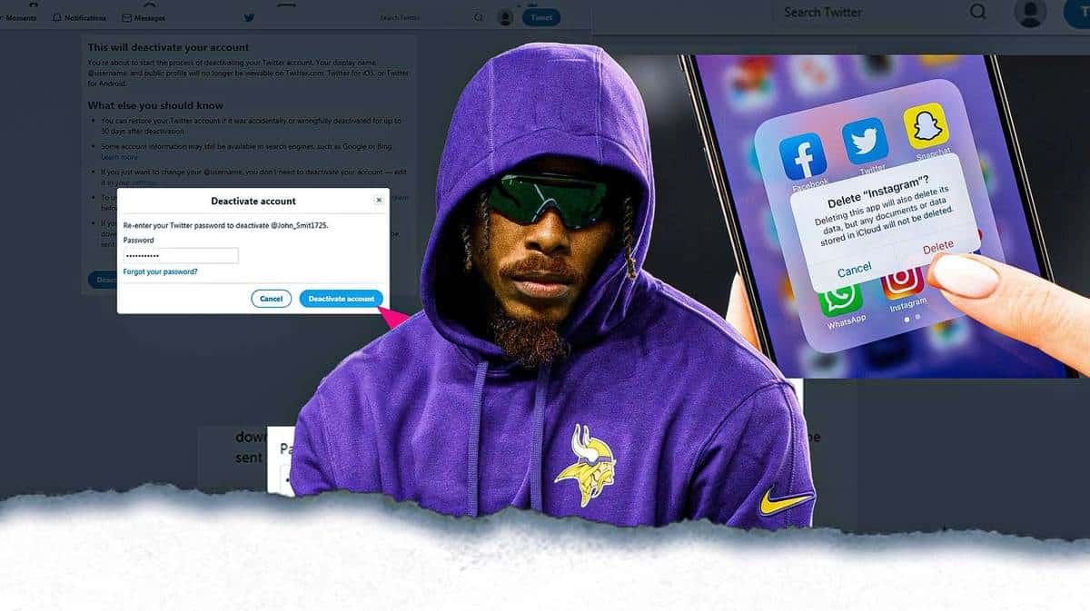 Vikings' Justin Jefferson looking frustrated, with pictures of delete Instagram and delete Twitter beside Jefferson