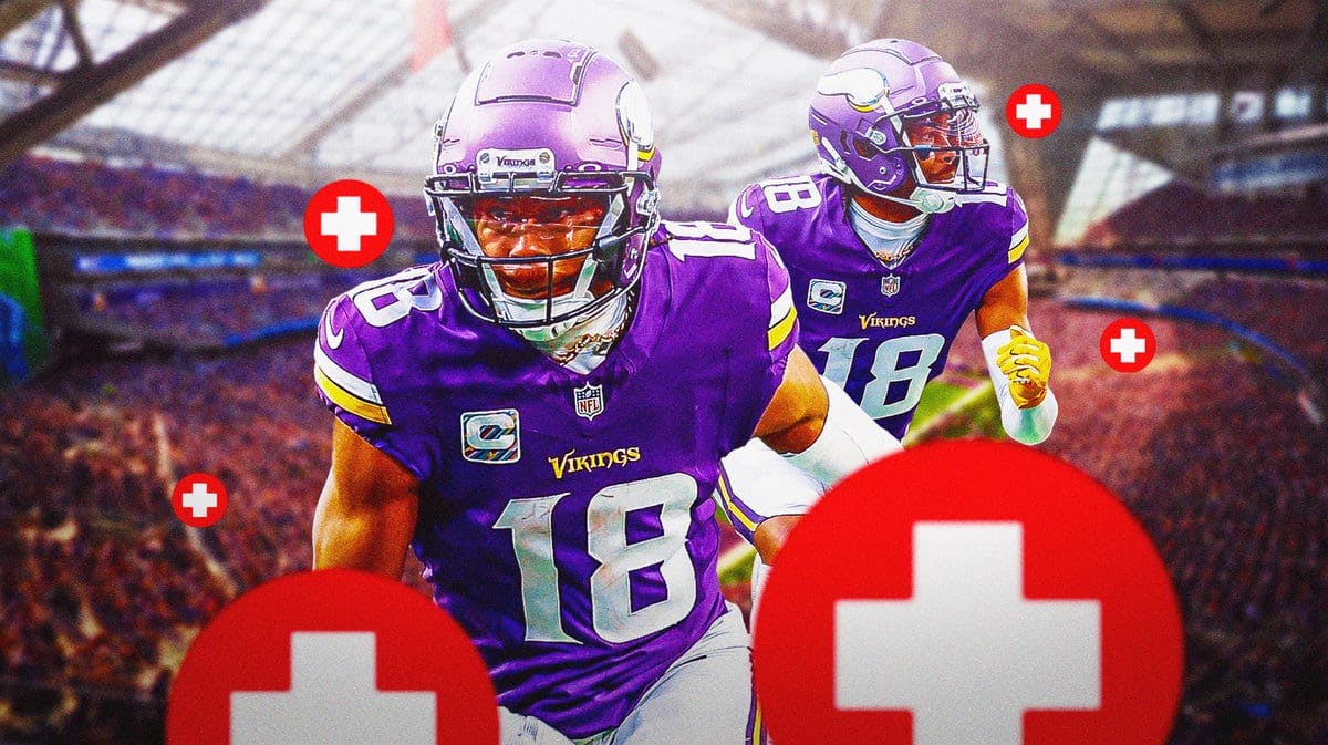Action shot of Vikings' Justin Jefferson with medical cross symbol