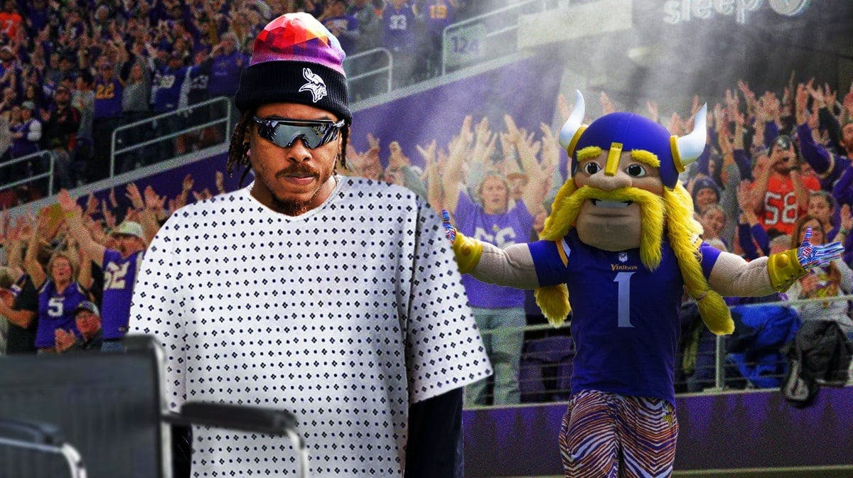 Justin Jefferson of the Vikings in hospital gown with the Vikings mascot in the background