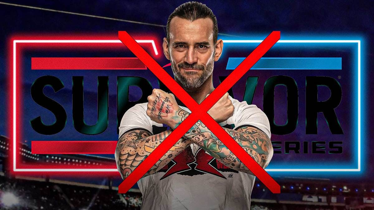 CM Punk with a red x over him with the 2023 Survivor Series logo as the background.