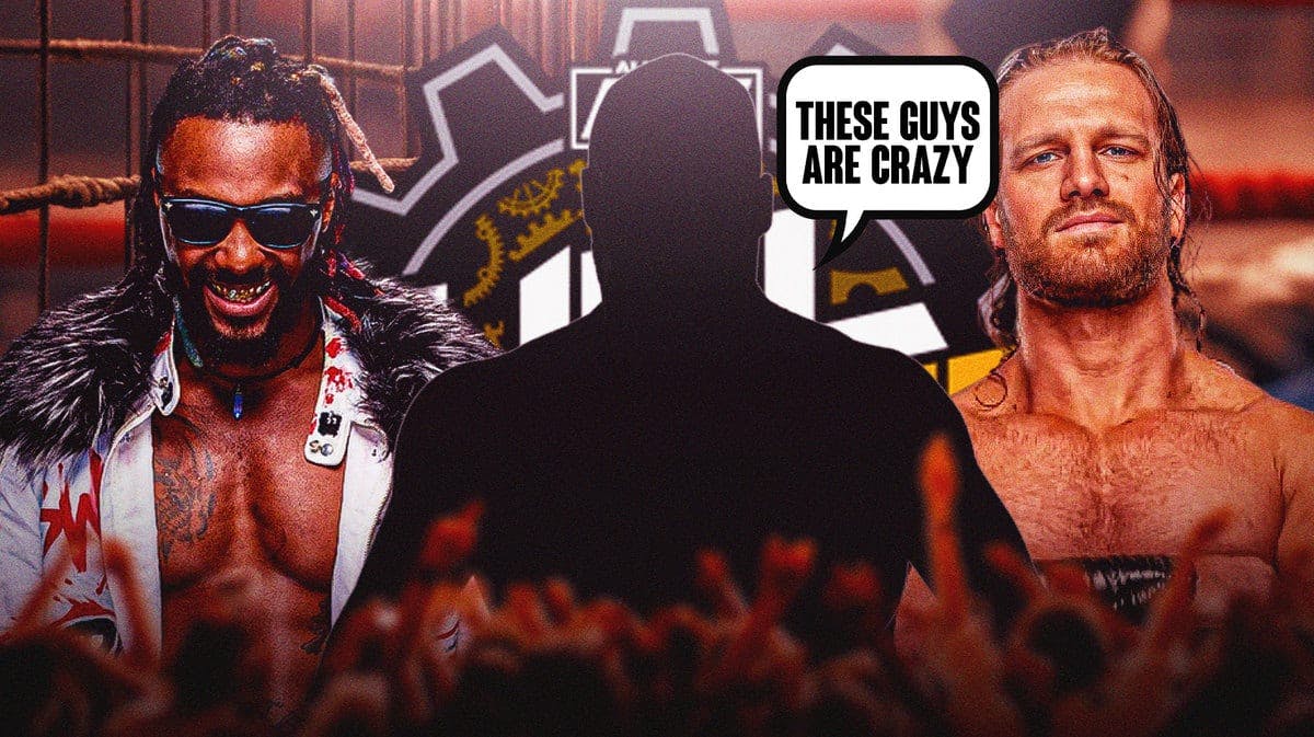 The blacked-out silhouette of Kurt angle with a text bubble reading “These guys are crazy” with Swerve Strickland on the left and “Hangman” Adam Page on the right with the AEW Full Gear logo as the background.