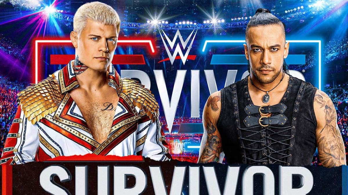 Cody Rhodes and Damian Priest in front of the WWE Survivor Series logo.