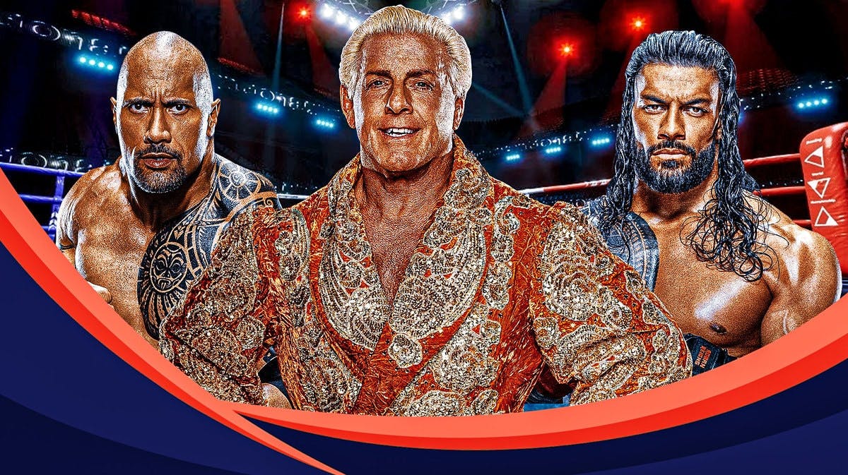 WWE superstar Roman Reigns with professional wrestling legends Dwayne "The Rock" Johnson and Ric Flair in front of a ring.