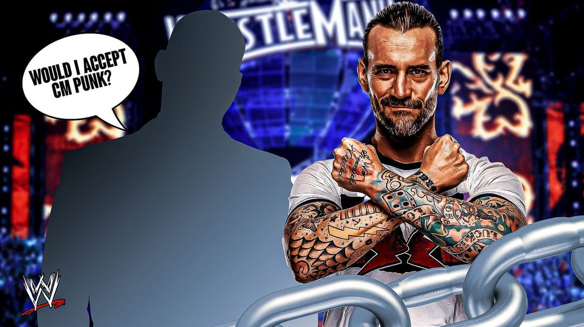 The blacked-out silhouette of Corey Graves with a text bubble reading “Would I accept CM Punk?” next to CM Punk with the WWE logo as the background.