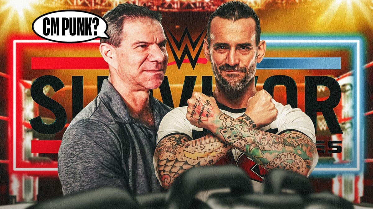 Dave Meltzer with a text bubble reading “CM Punk?” next to CM Punk with the 2023 Survivor Series logo as the background.