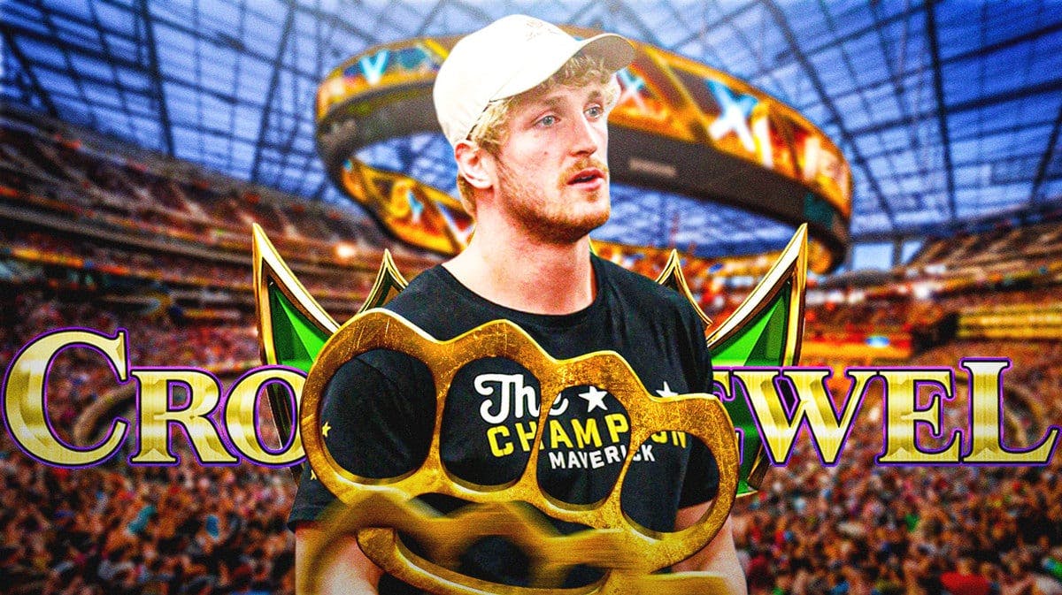 Logan Paul with brass knuckles in front of him and the WWE Crown Jewel logo as the background.