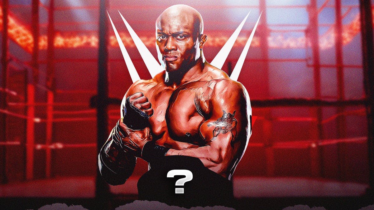 Bobby Lashley with a blacked-out WWE Championship belt around his waist with a ? over it with the WWE logo as the background.