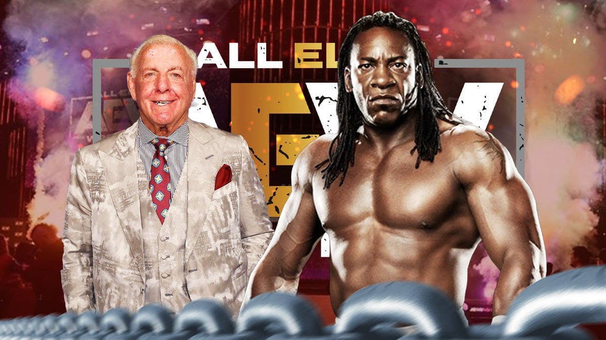 Booker T next to Ric Flair with the AEW logo behind them.