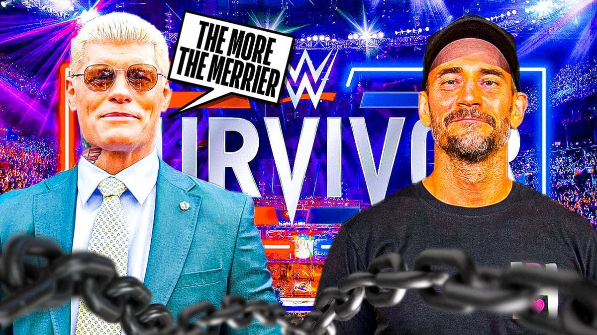 Cody Rhodes with a text bubble reading “The more the merrier” next to CM Punk with the 2023 Survivor Series logo as the background.