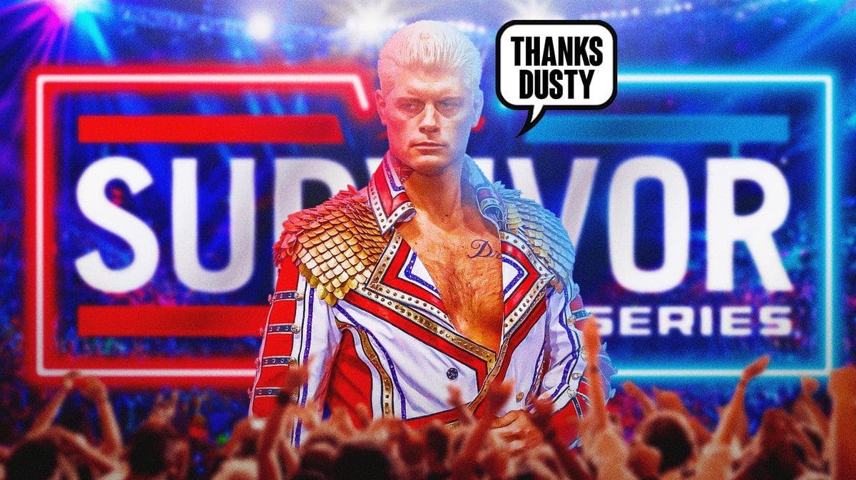 Cody Rhodes with a text bubble reading “Thanks Dusty” in a WWE ring with a cage over it with the 2023 Survivor Series logo as the background.