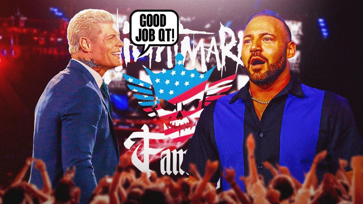 Cody Rhodes with a text bubble reading “Good Job QT!” next to QT Marshall with the AEW Nightmare Family logo as the background.