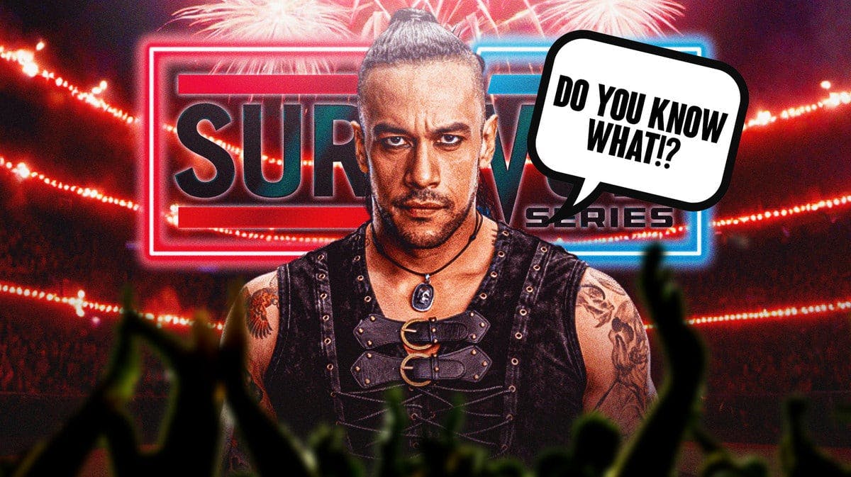 Damian Priest with a text bubble reading “Do you know what!?” with the 2023 Survivor Series logo as the background.